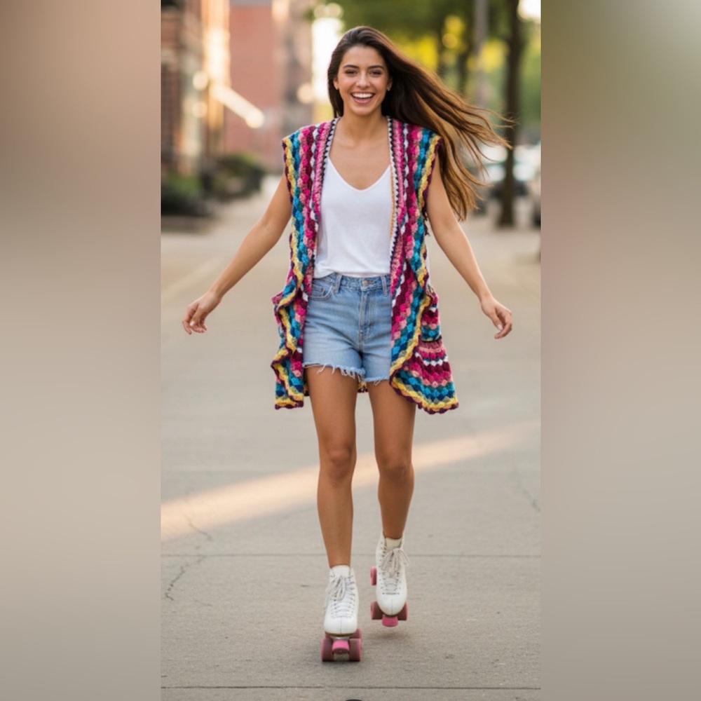 Double Zero Womens Colorful Crochet Vest Cardigan S Party Festival Casual Cruise